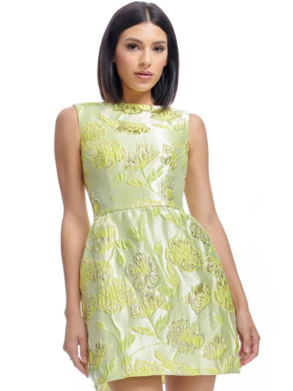 Sleeveless Textured Floral Party Dress in Lime Green
